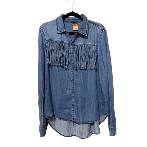 Scully Womens Denim Shirt Fringed Western‎ Button Down Blue Tencel Top - Picture 1 of 4